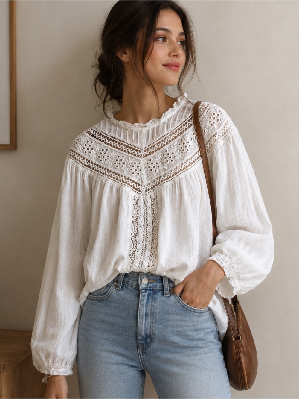 Sundance Womens Blouse Top Lace High Neck Shirt White Oversized Small Victorian